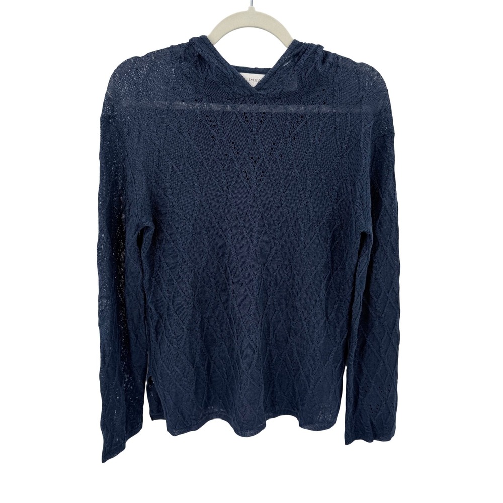 Inhabit Navy Blue 100% Linen Pointelle Diamond Knit Pullover Hoodie Sweater S‎